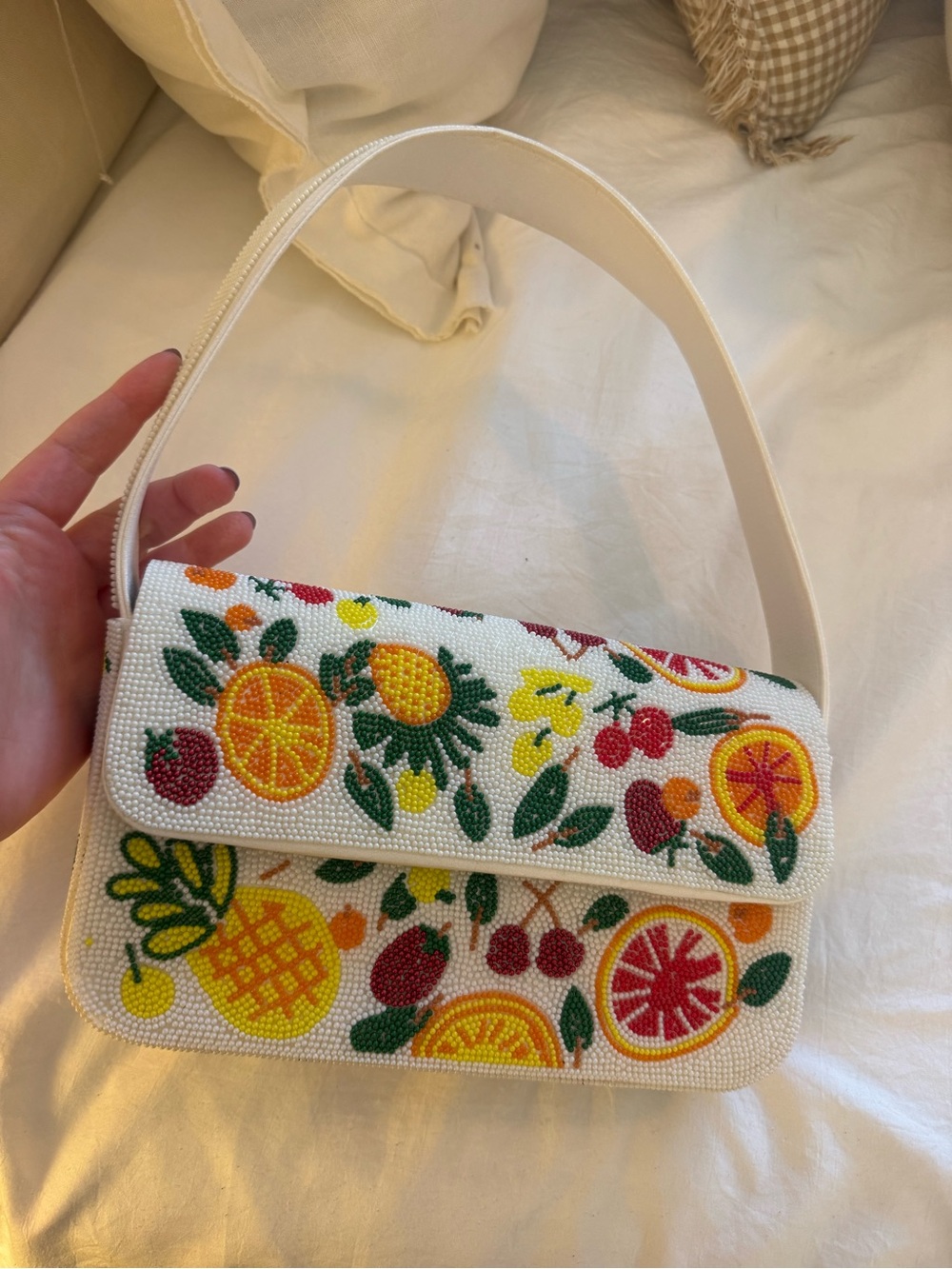 NWOT Beaded Fruit-Print White Shoulder Bag